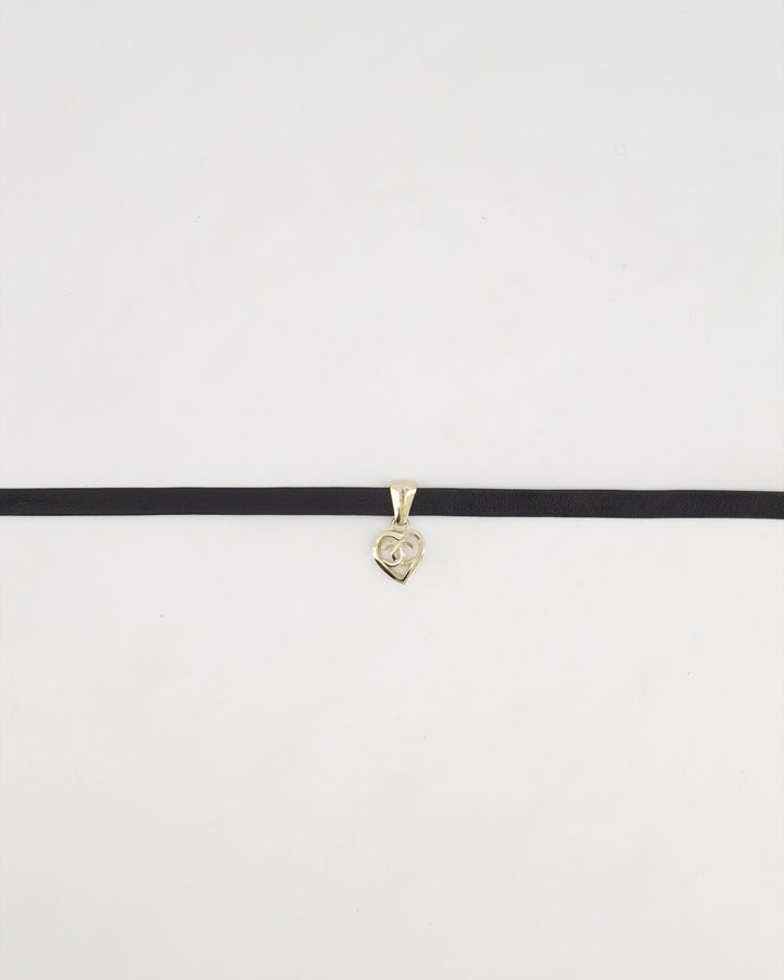 Top Quality Chanel Black Leather Necklace with Champagne Gold CC Heart Pendant