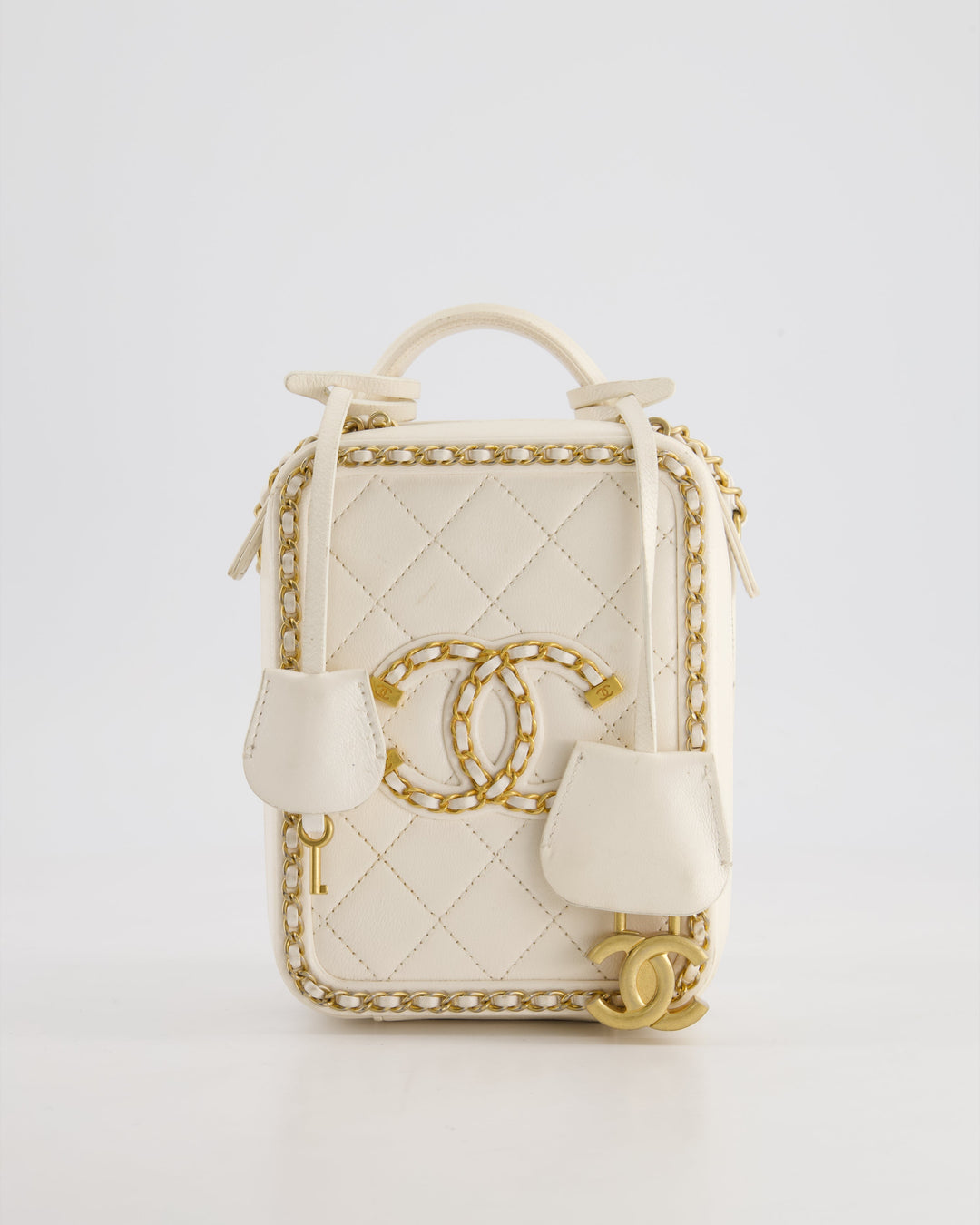 *HOT* Top Quality Chanel White Calfskin Vertical Vanity Case with Gold Chain Trim Detail and Gold Hardware
