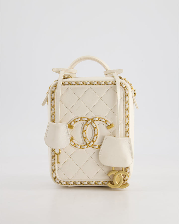 *HOT* Top Quality Chanel White Calfskin Vertical Vanity Case with Gold Chain Trim Detail and Gold Hardware