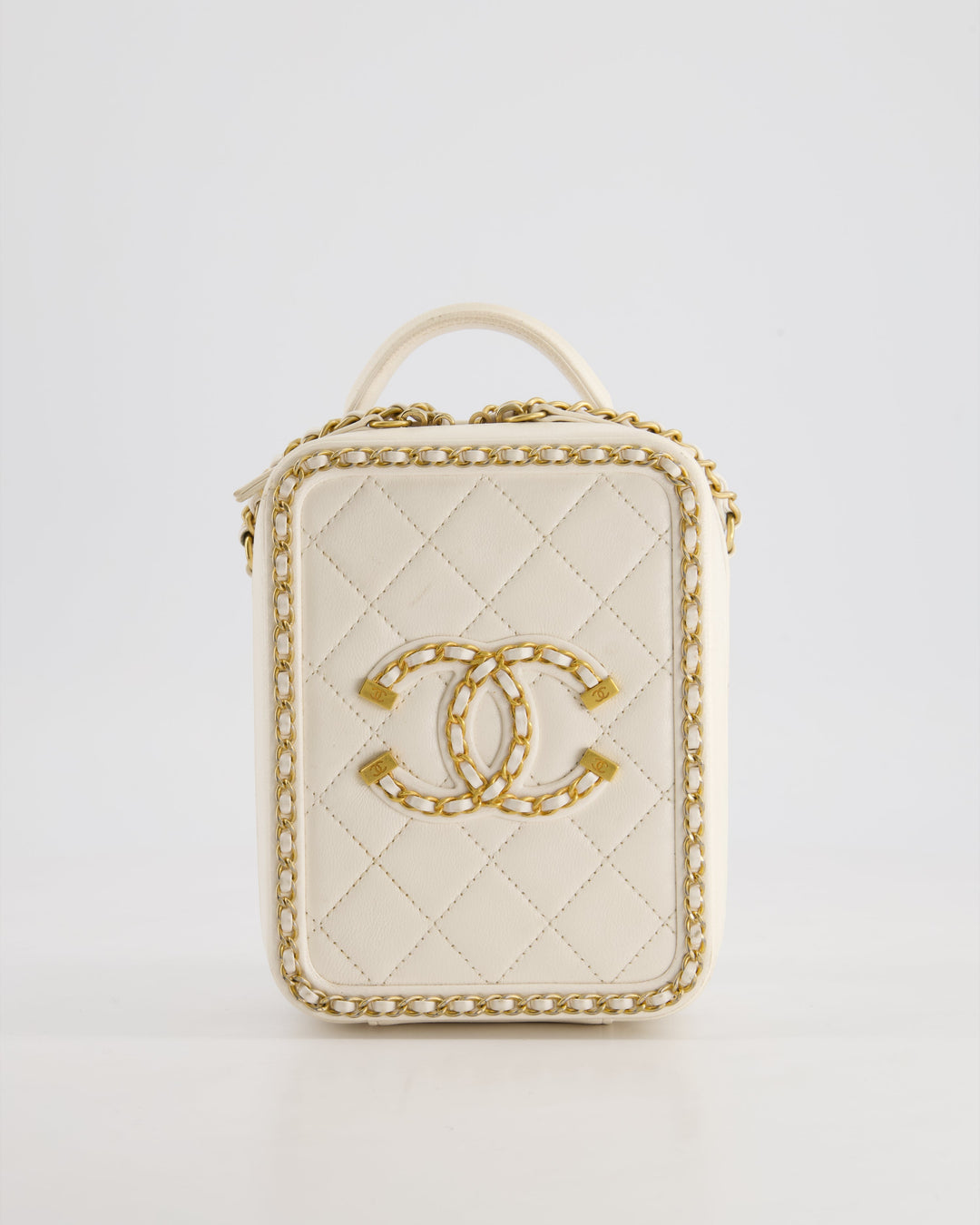 *HOT* Top Quality Chanel White Calfskin Vertical Vanity Case with Gold Chain Trim Detail and Gold Hardware