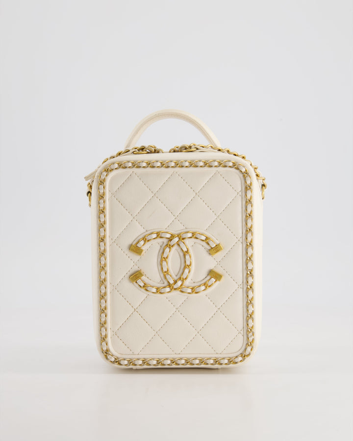 *HOT* Top Quality Chanel White Calfskin Vertical Vanity Case with Gold Chain Trim Detail and Gold Hardware