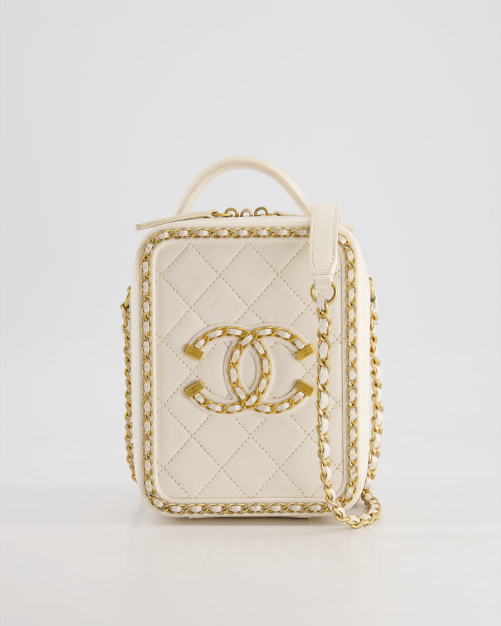 *HOT* Top Quality Chanel White Calfskin Vertical Vanity Case with Gold Chain Trim Detail and Gold Hardware