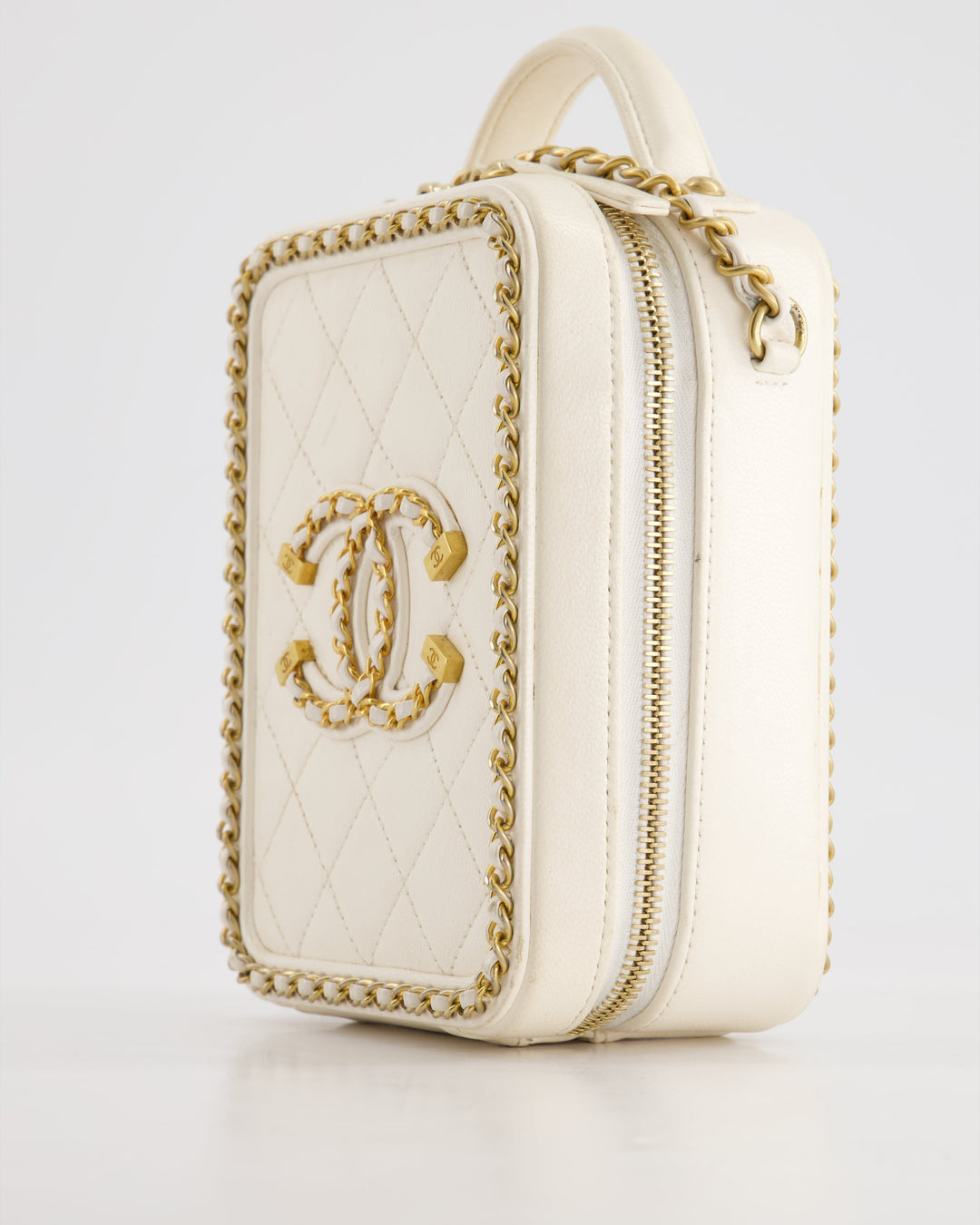 *HOT* Top Quality Chanel White Calfskin Vertical Vanity Case with Gold Chain Trim Detail and Gold Hardware
