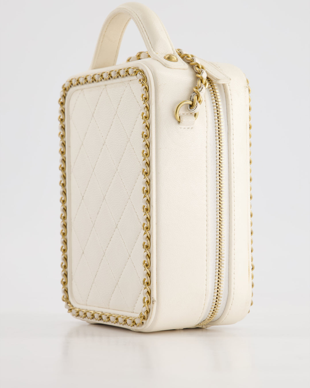 *HOT* Top Quality Chanel White Calfskin Vertical Vanity Case with Gold Chain Trim Detail and Gold Hardware