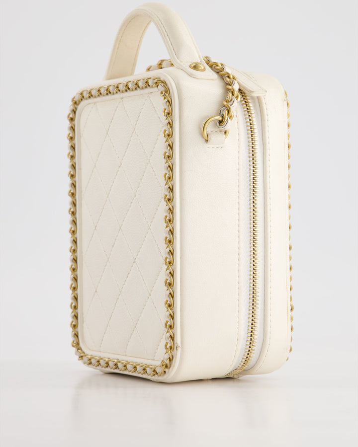 *HOT* Top Quality Chanel White Calfskin Vertical Vanity Case with Gold Chain Trim Detail and Gold Hardware