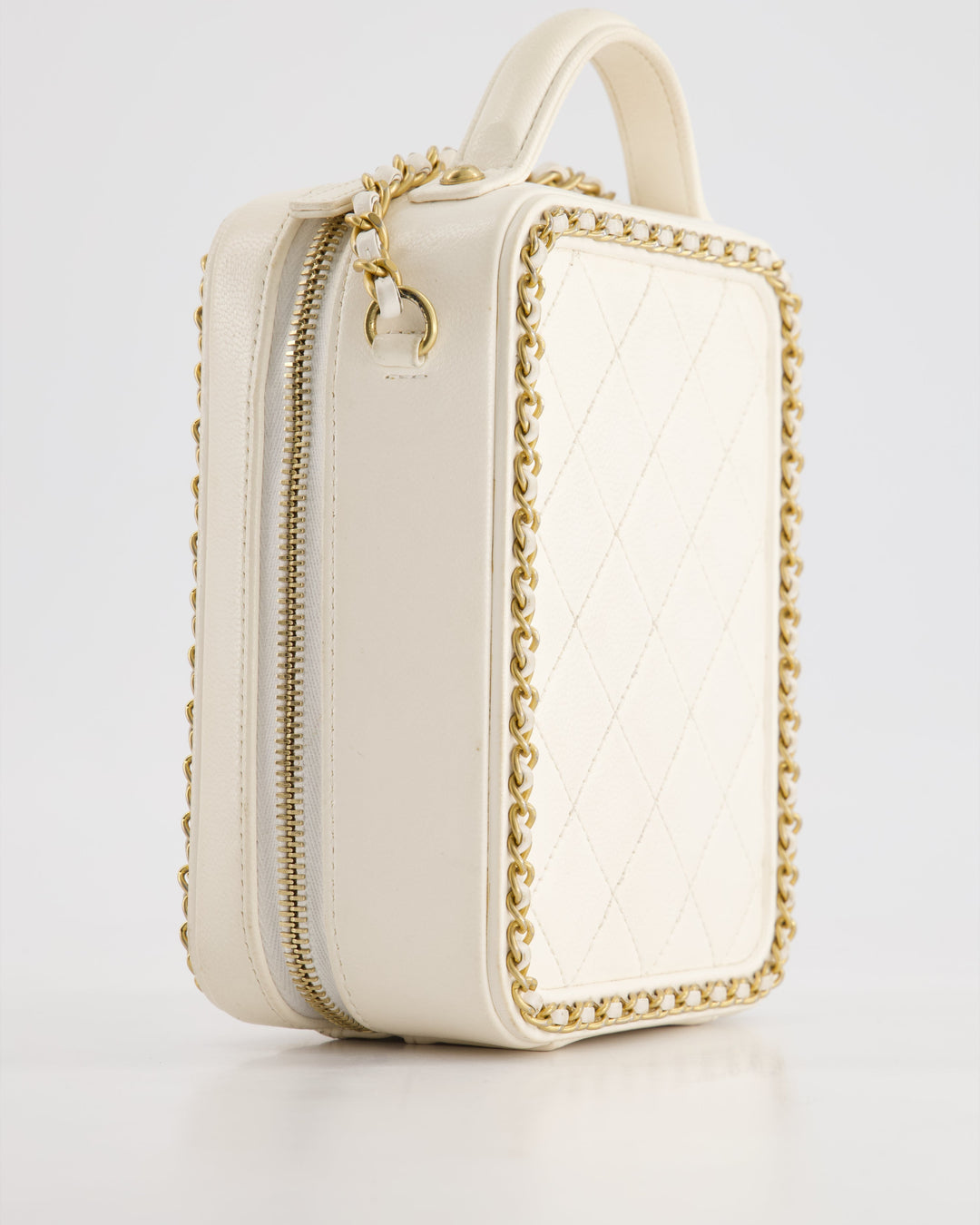 *HOT* Top Quality Chanel White Calfskin Vertical Vanity Case with Gold Chain Trim Detail and Gold Hardware