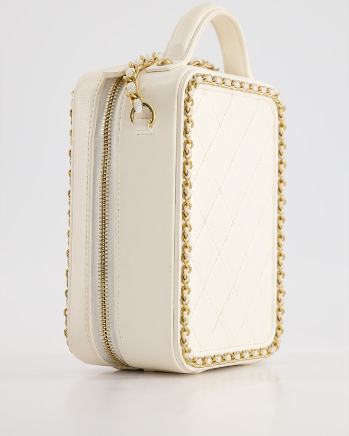 *HOT* Top Quality Chanel White Calfskin Vertical Vanity Case with Gold Chain Trim Detail and Gold Hardware