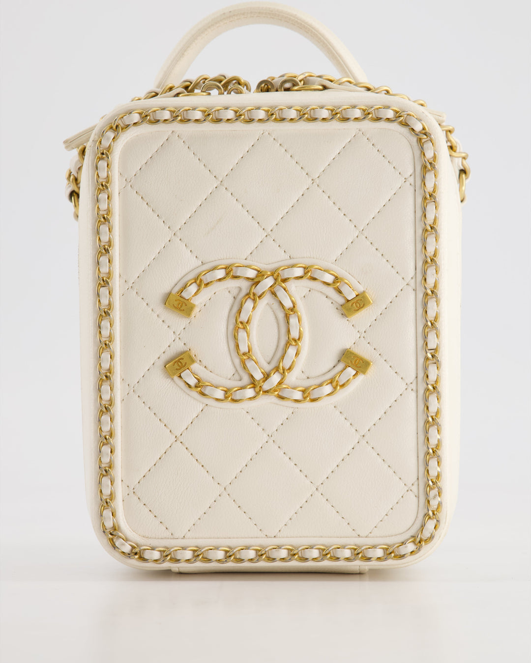 *HOT* Top Quality Chanel White Calfskin Vertical Vanity Case with Gold Chain Trim Detail and Gold Hardware