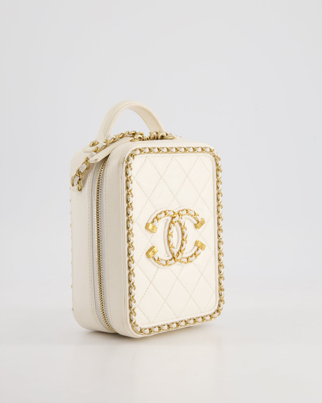 *HOT* Top Quality Chanel White Calfskin Vertical Vanity Case with Gold Chain Trim Detail and Gold Hardware