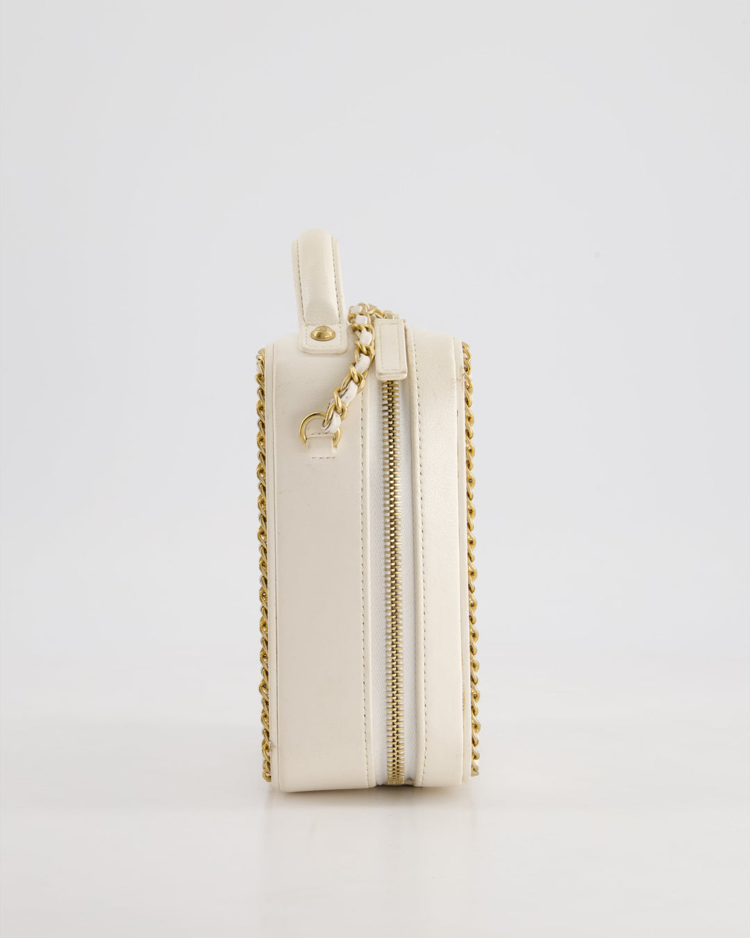 *HOT* Top Quality Chanel White Calfskin Vertical Vanity Case with Gold Chain Trim Detail and Gold Hardware