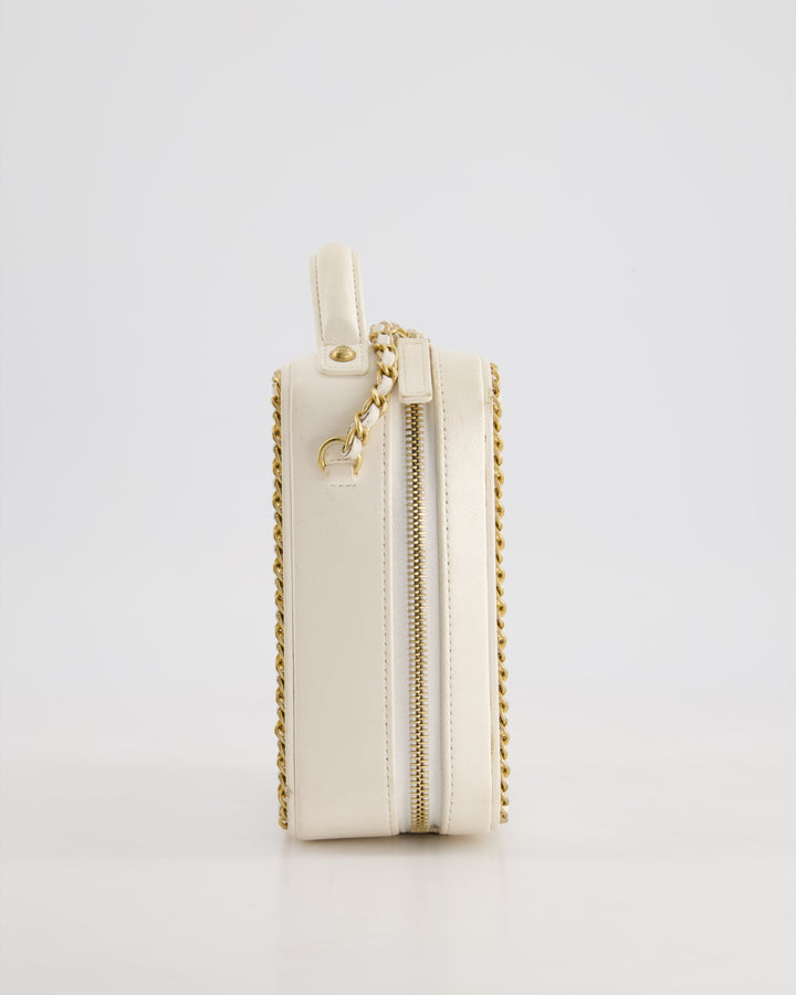 *HOT* Top Quality Chanel White Calfskin Vertical Vanity Case with Gold Chain Trim Detail and Gold Hardware