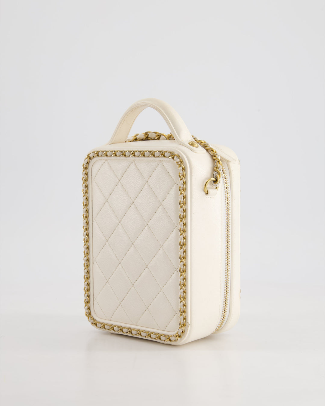 *HOT* Top Quality Chanel White Calfskin Vertical Vanity Case with Gold Chain Trim Detail and Gold Hardware