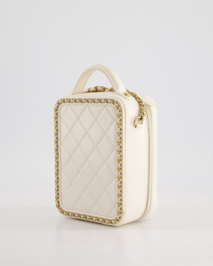 *HOT* Top Quality Chanel White Calfskin Vertical Vanity Case with Gold Chain Trim Detail and Gold Hardware