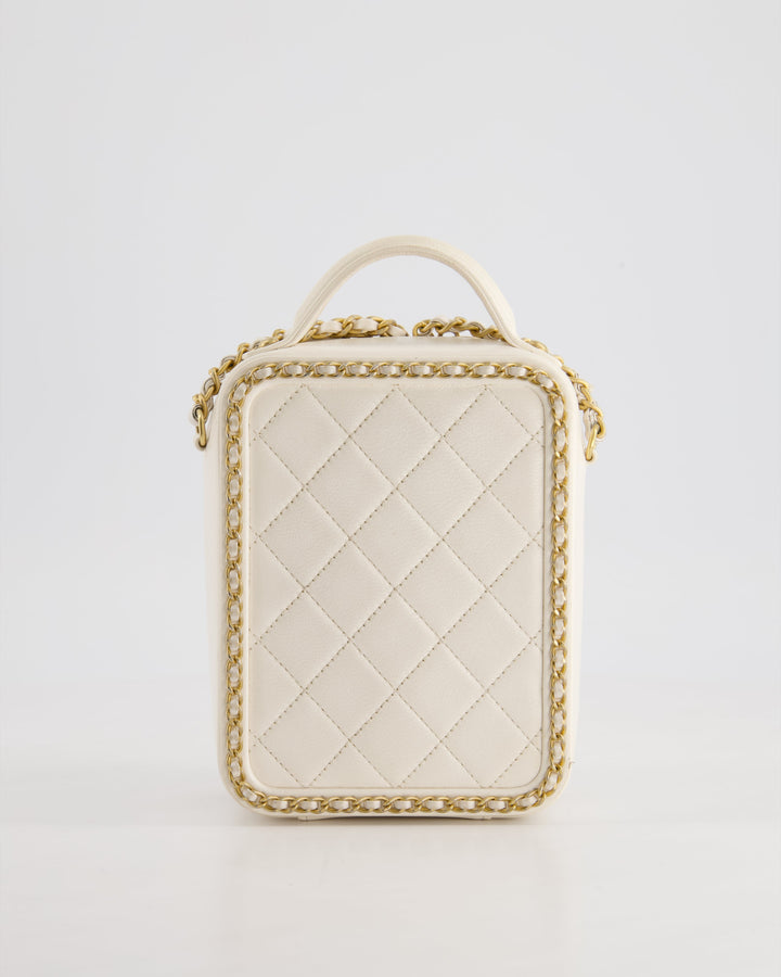 *HOT* Top Quality Chanel White Calfskin Vertical Vanity Case with Gold Chain Trim Detail and Gold Hardware