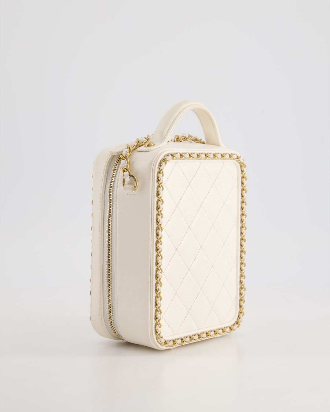 *HOT* Top Quality Chanel White Calfskin Vertical Vanity Case with Gold Chain Trim Detail and Gold Hardware
