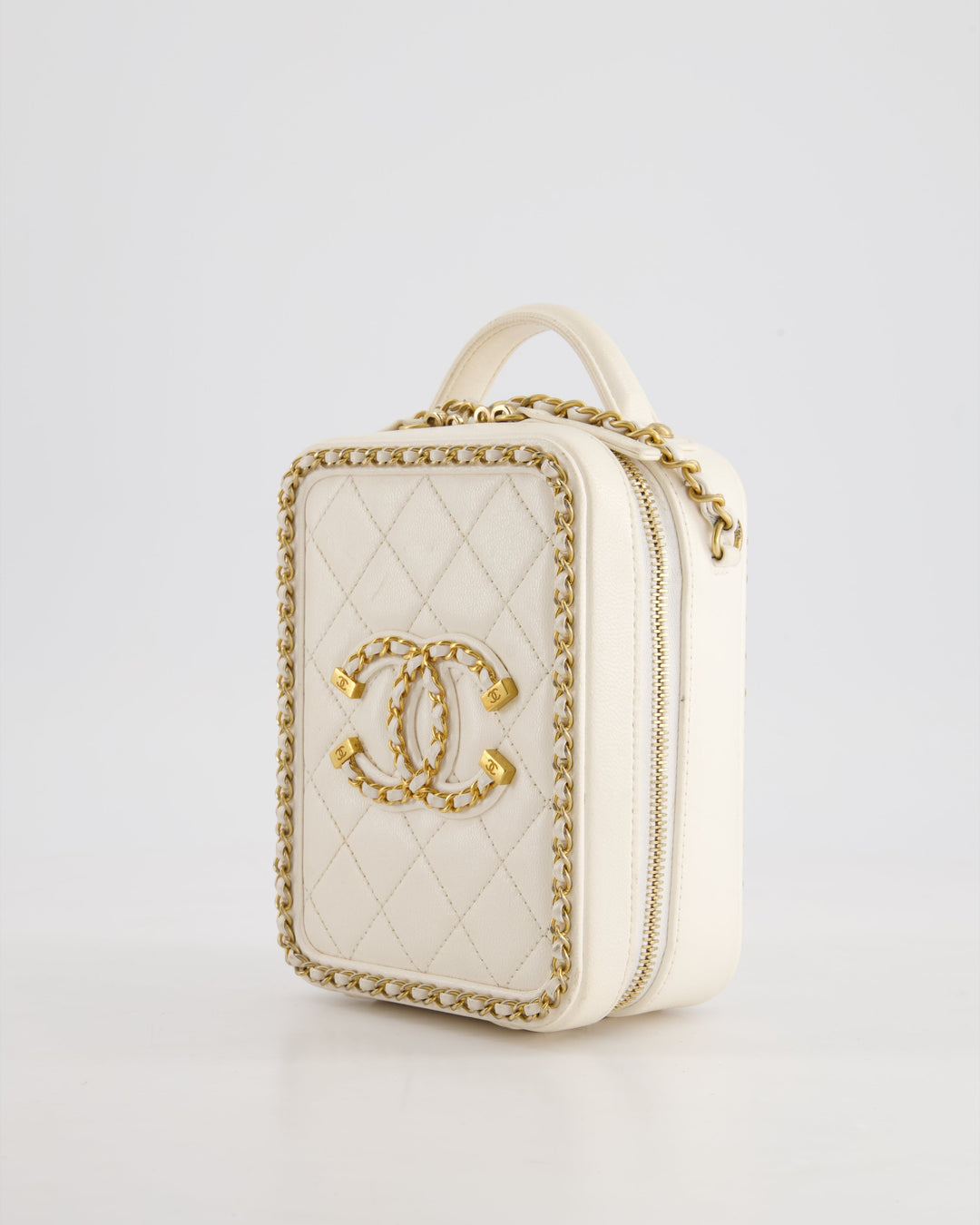 *HOT* Top Quality Chanel White Calfskin Vertical Vanity Case with Gold Chain Trim Detail and Gold Hardware