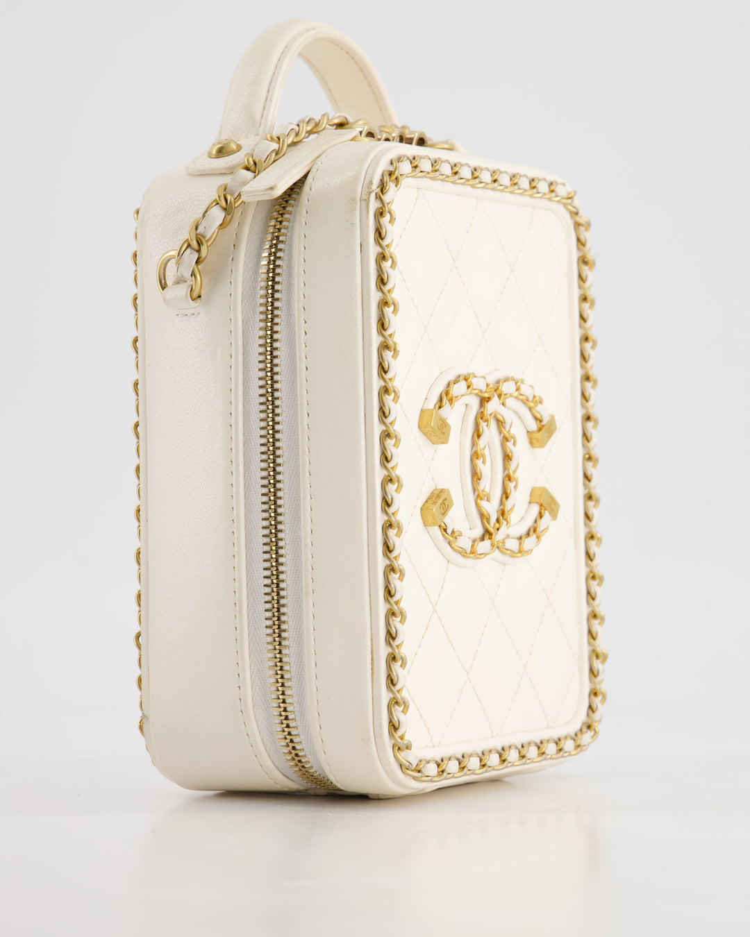*HOT* Top Quality Chanel White Calfskin Vertical Vanity Case with Gold Chain Trim Detail and Gold Hardware