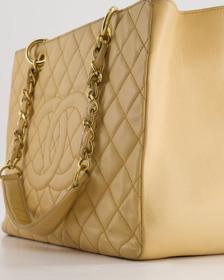 *AMAZING SHAPE* Top Quality Chanel Beige Caviar GST Grand Shopper Tote Bag with Gold Hardware