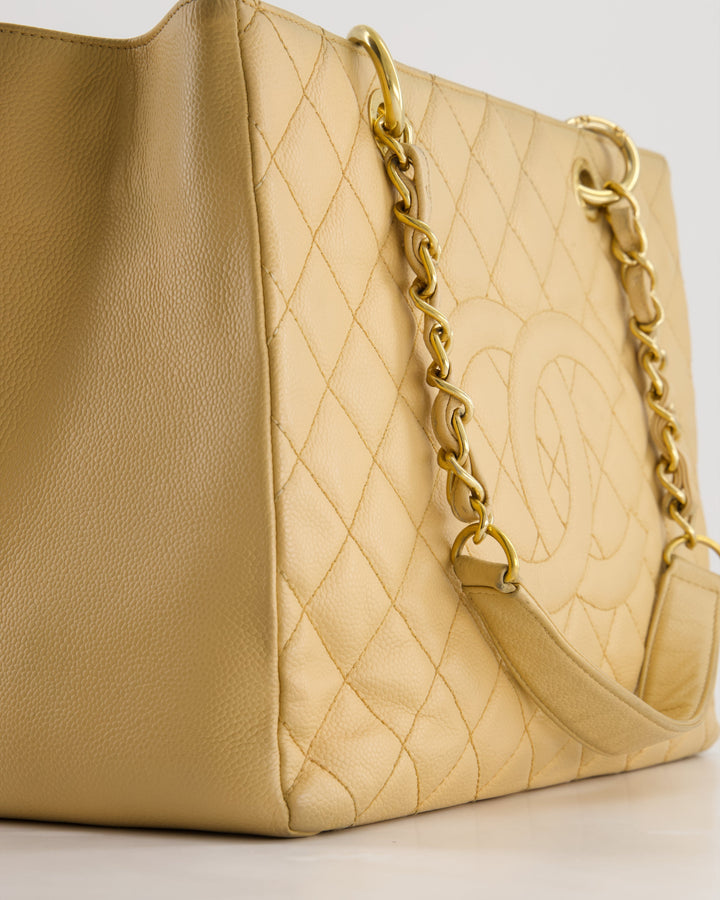 *AMAZING SHAPE* Top Quality Chanel Beige Caviar GST Grand Shopper Tote Bag with Gold Hardware