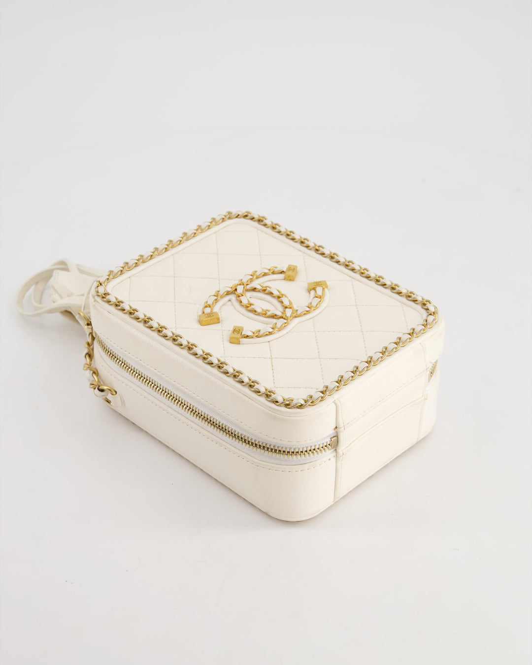 *HOT* Top Quality Chanel White Calfskin Vertical Vanity Case with Gold Chain Trim Detail and Gold Hardware
