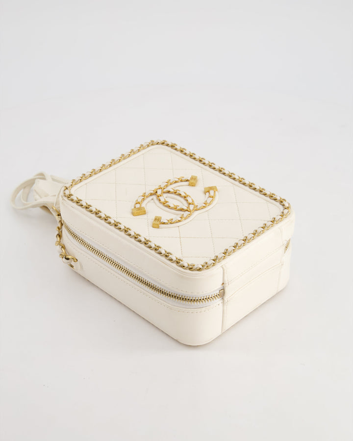 *HOT* Top Quality Chanel White Calfskin Vertical Vanity Case with Gold Chain Trim Detail and Gold Hardware