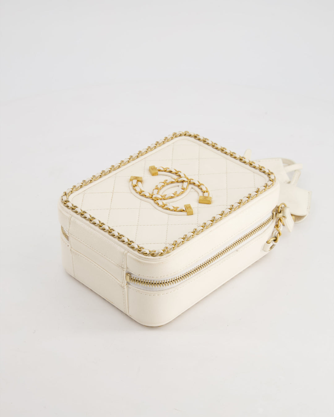 *HOT* Top Quality Chanel White Calfskin Vertical Vanity Case with Gold Chain Trim Detail and Gold Hardware
