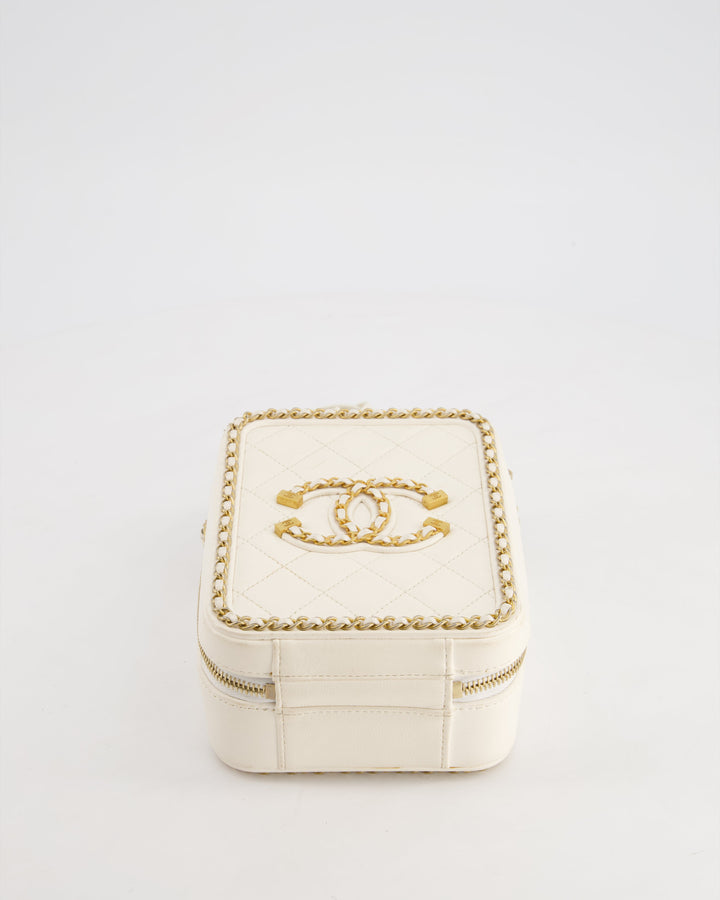 *HOT* Top Quality Chanel White Calfskin Vertical Vanity Case with Gold Chain Trim Detail and Gold Hardware