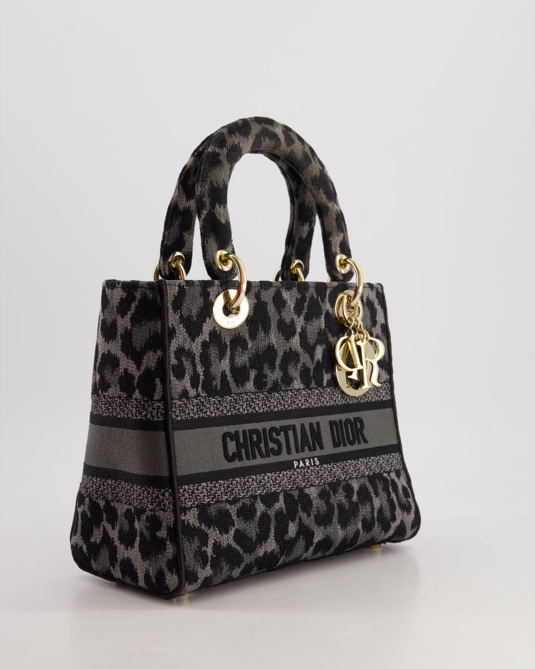 Christian Top quality Dior Medium Lady D-Lite in Grey & Black Mizza Embroidery with Champagne Gold Hardware RRP ¬£3700