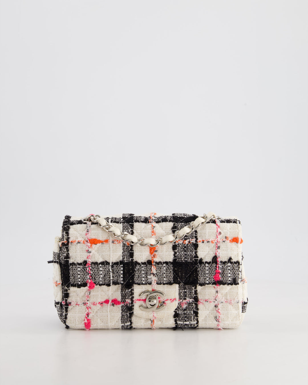 *HOT* Top Quality Chanel White Tweed Mini Rectangular Single Flap Bag with Black & White Details and Silver Hardware