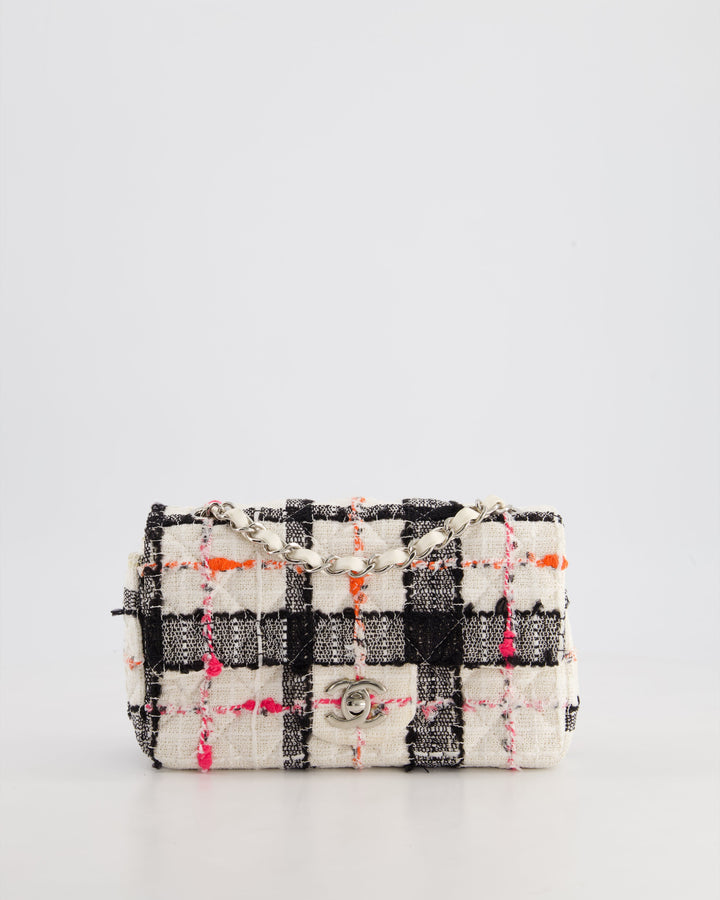 *HOT* Top Quality Chanel White Tweed Mini Rectangular Single Flap Bag with Black & White Details and Silver Hardware