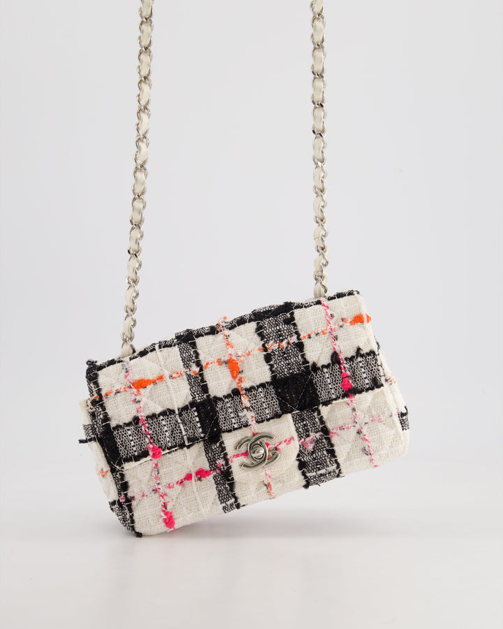 *HOT* Top Quality Chanel White Tweed Mini Rectangular Single Flap Bag with Black & White Details and Silver Hardware