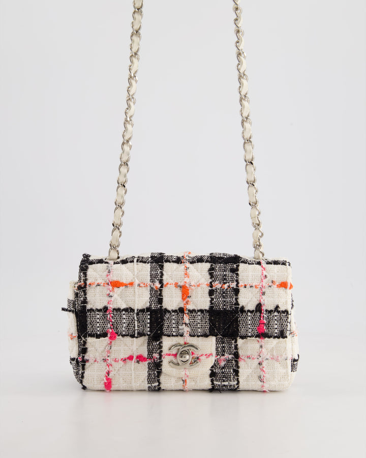 *HOT* Top Quality Chanel White Tweed Mini Rectangular Single Flap Bag with Black & White Details and Silver Hardware