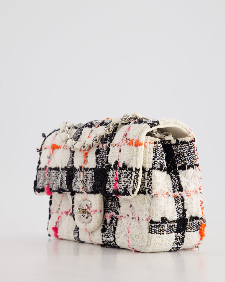 *HOT* Top Quality Chanel White Tweed Mini Rectangular Single Flap Bag with Black & White Details and Silver Hardware