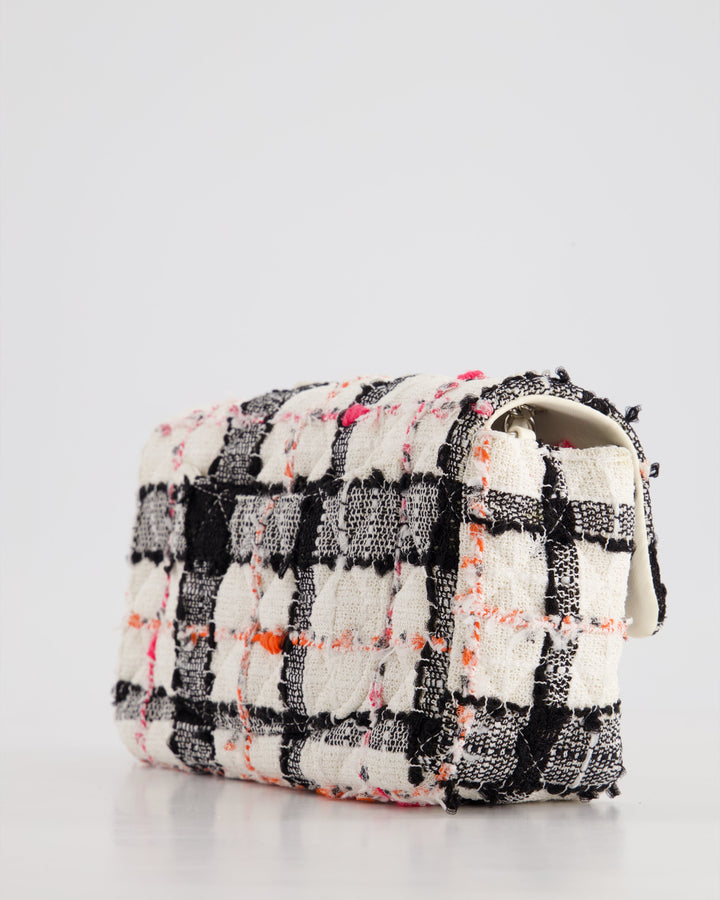 *HOT* Top Quality Chanel White Tweed Mini Rectangular Single Flap Bag with Black & White Details and Silver Hardware