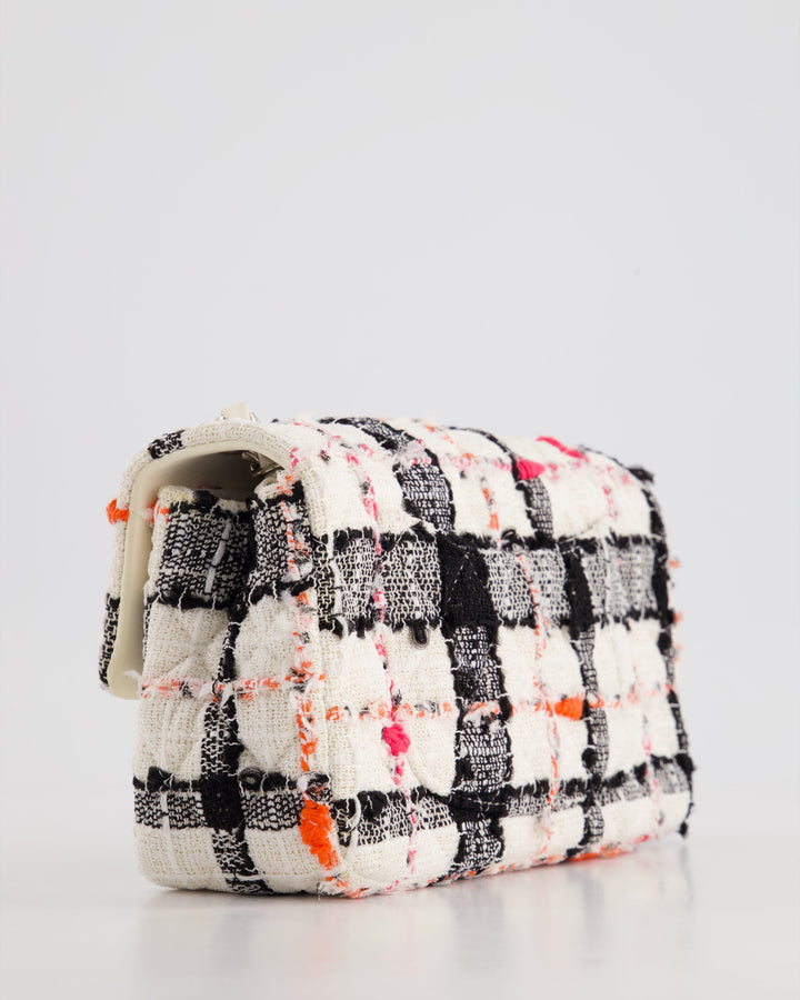 *HOT* Top Quality Chanel White Tweed Mini Rectangular Single Flap Bag with Black & White Details and Silver Hardware