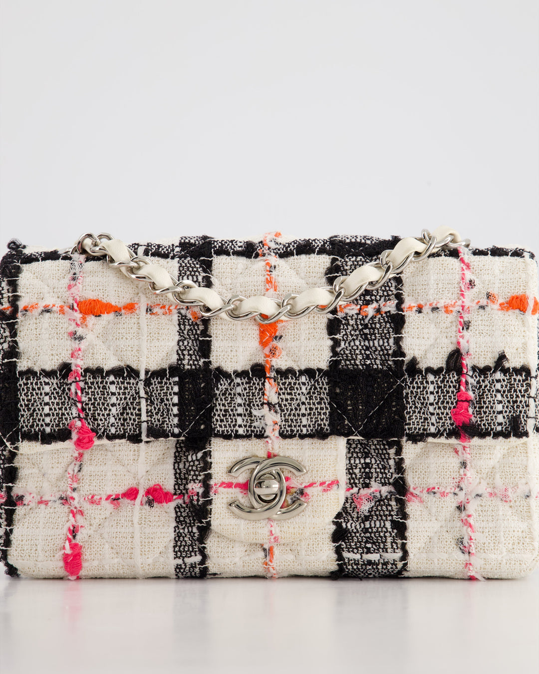 *HOT* Top Quality Chanel White Tweed Mini Rectangular Single Flap Bag with Black & White Details and Silver Hardware