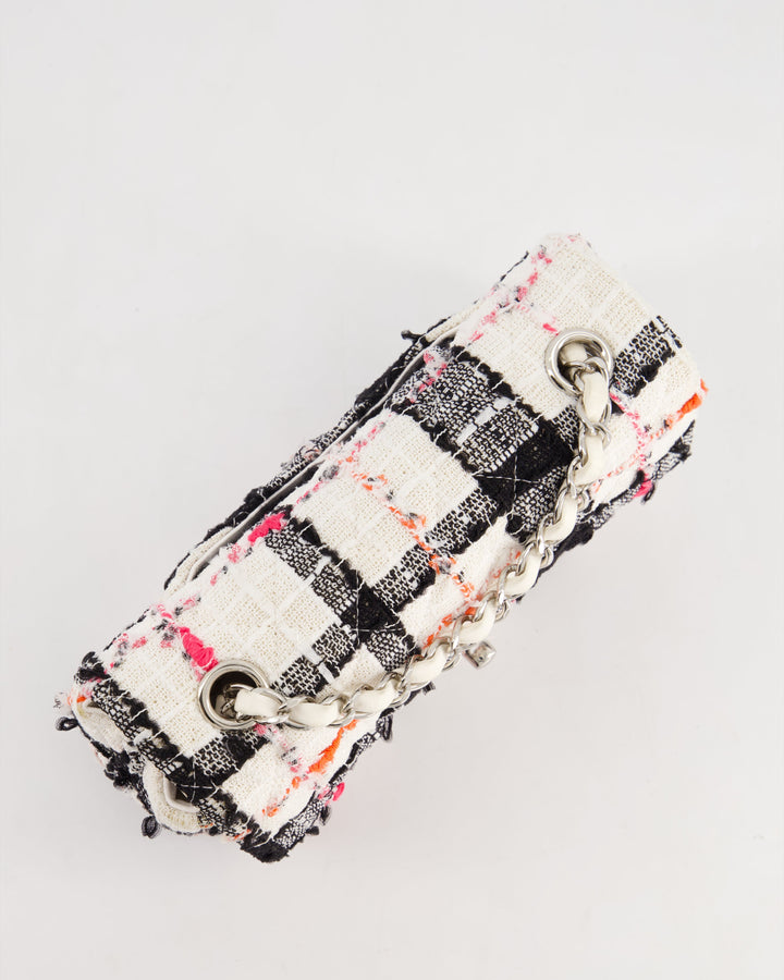 *HOT* Top Quality Chanel White Tweed Mini Rectangular Single Flap Bag with Black & White Details and Silver Hardware
