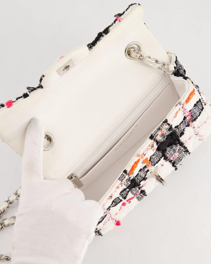 *HOT* Top Quality Chanel White Tweed Mini Rectangular Single Flap Bag with Black & White Details and Silver Hardware