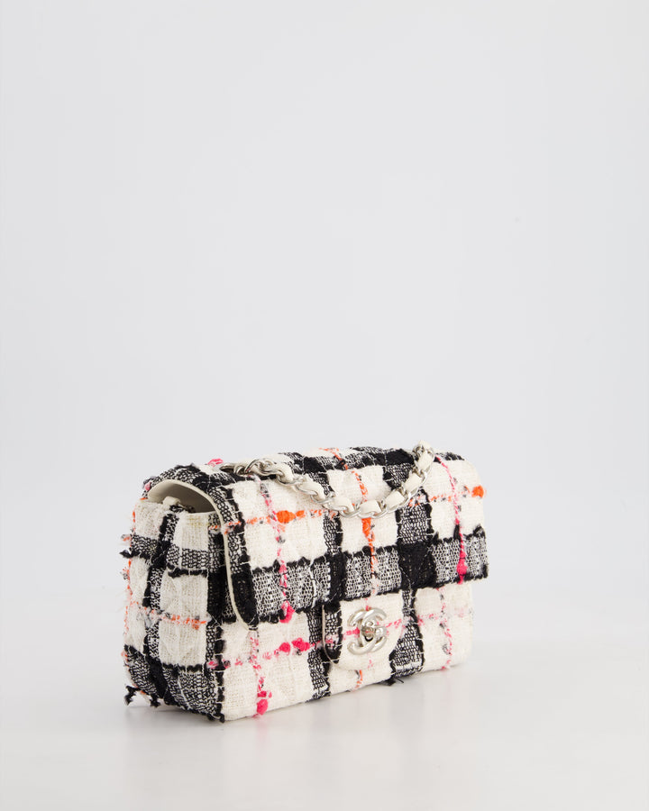 *HOT* Top Quality Chanel White Tweed Mini Rectangular Single Flap Bag with Black & White Details and Silver Hardware