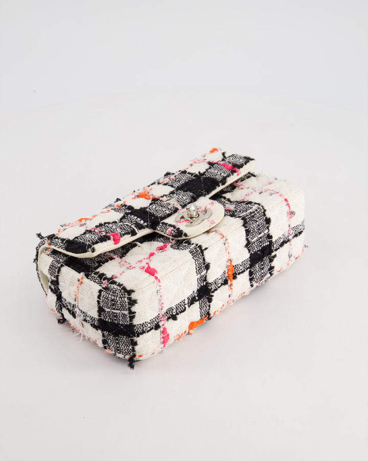 *HOT* Top Quality Chanel White Tweed Mini Rectangular Single Flap Bag with Black & White Details and Silver Hardware