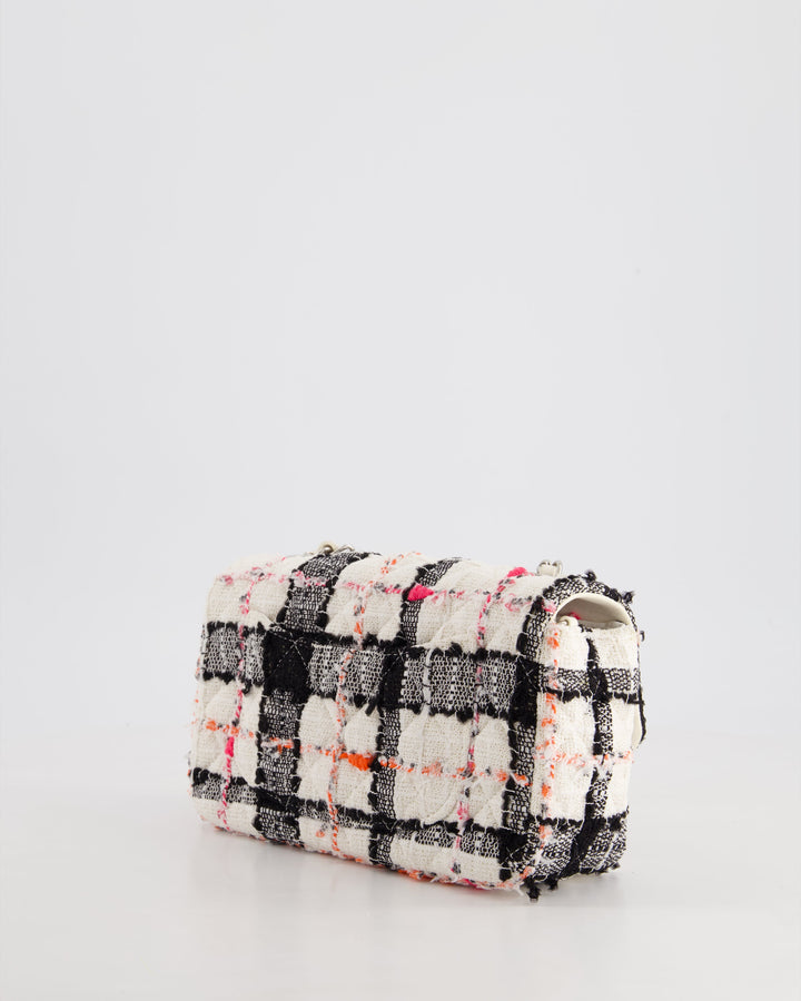 *HOT* Top Quality Chanel White Tweed Mini Rectangular Single Flap Bag with Black & White Details and Silver Hardware