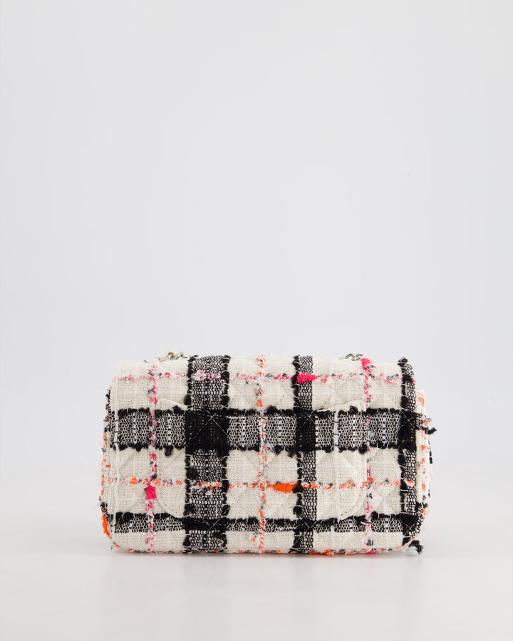 *HOT* Top Quality Chanel White Tweed Mini Rectangular Single Flap Bag with Black & White Details and Silver Hardware