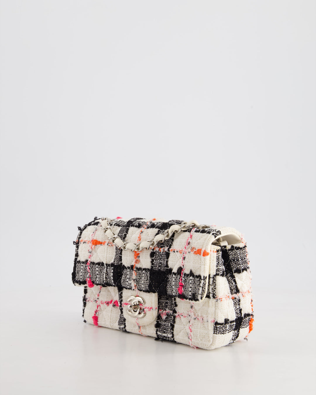 *HOT* Top Quality Chanel White Tweed Mini Rectangular Single Flap Bag with Black & White Details and Silver Hardware