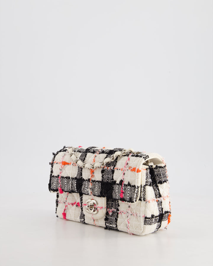 *HOT* Top Quality Chanel White Tweed Mini Rectangular Single Flap Bag with Black & White Details and Silver Hardware