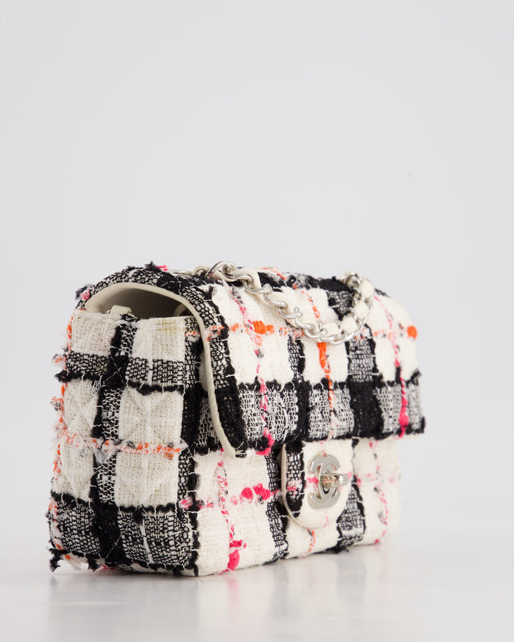 *HOT* Top Quality Chanel White Tweed Mini Rectangular Single Flap Bag with Black & White Details and Silver Hardware