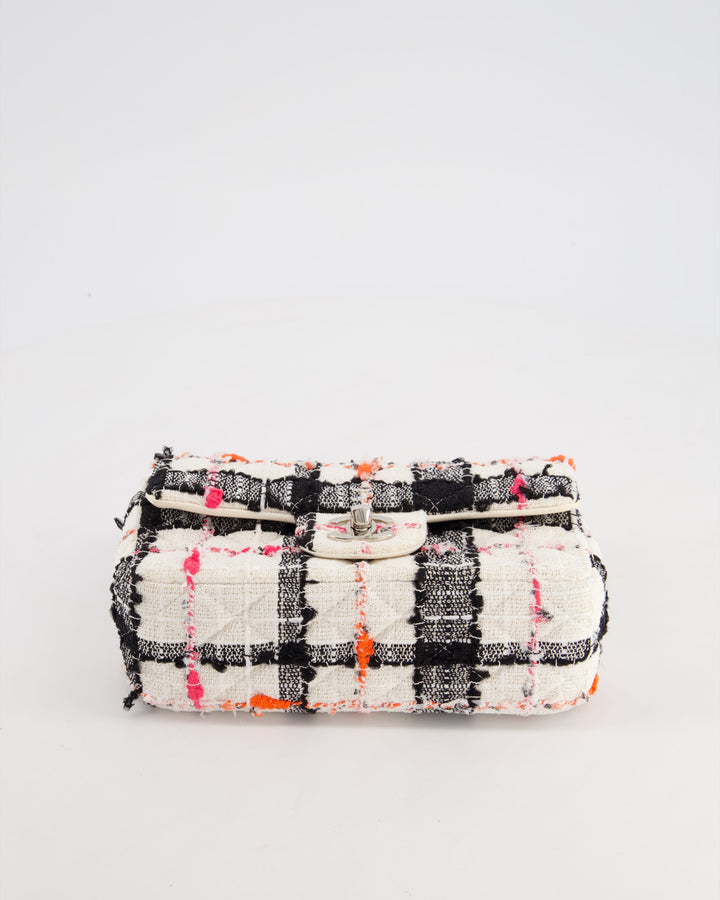 *HOT* Top Quality Chanel White Tweed Mini Rectangular Single Flap Bag with Black & White Details and Silver Hardware