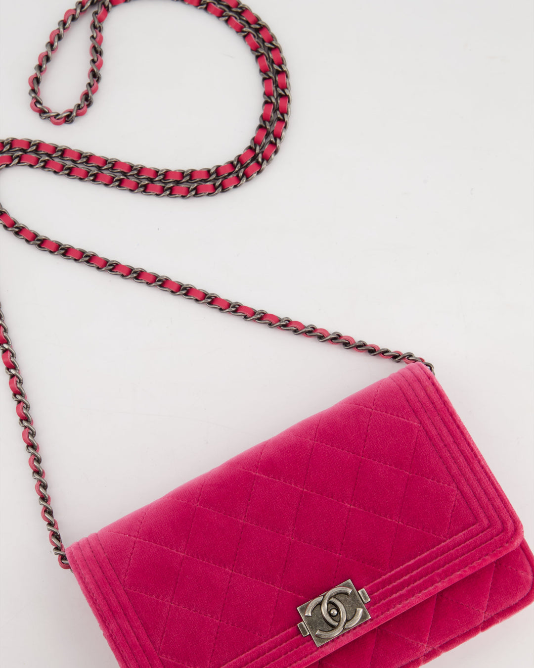 *FIRE PRICE* Top Quality Chanel Pink Boy Wallet on Chain in Velvet with Silver Hardware