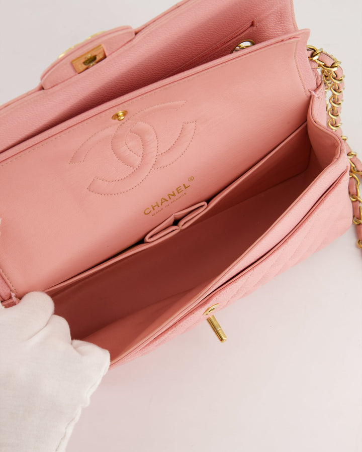 *HOT* Top Quality Chanel Bubblegum Pink Vintage Classic Medium Double Flap Bag in Caviar Leather with 24K Gold Hardware