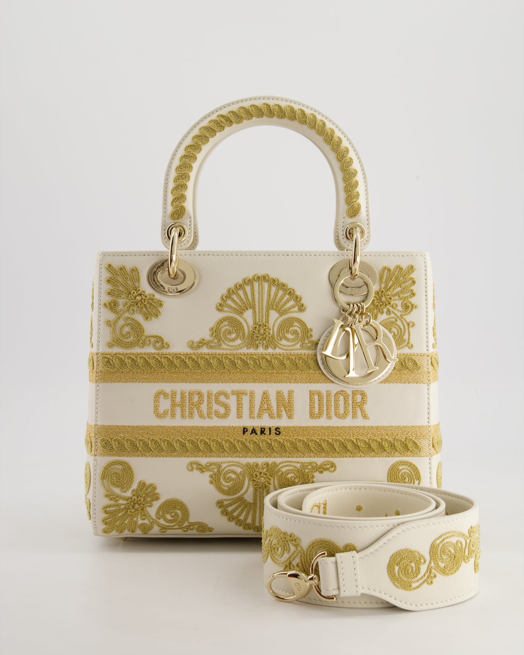 *RARE* Christian Top quality Dior Limited Edition Cruise 2021 Embroidered White Medium Lady Top quality Dior Bag in Calfskin Leather with Champagne Gold Hardware