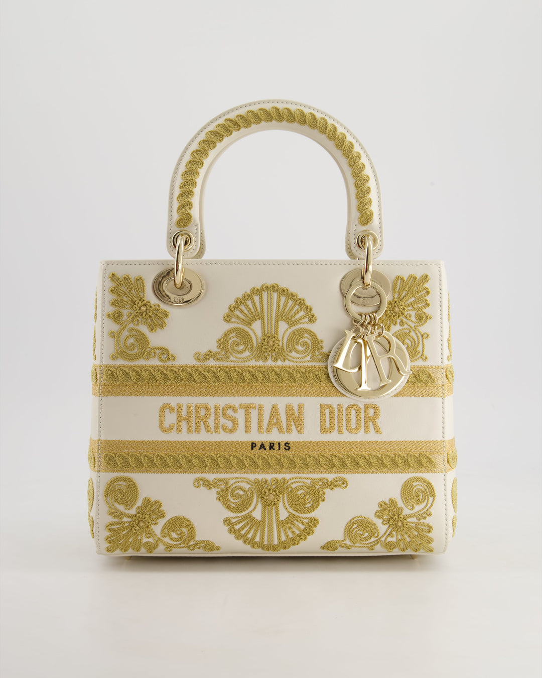 *RARE* Christian Top quality Dior Limited Edition Cruise 2021 Embroidered White Medium Lady Top quality Dior Bag in Calfskin Leather with Champagne Gold Hardware